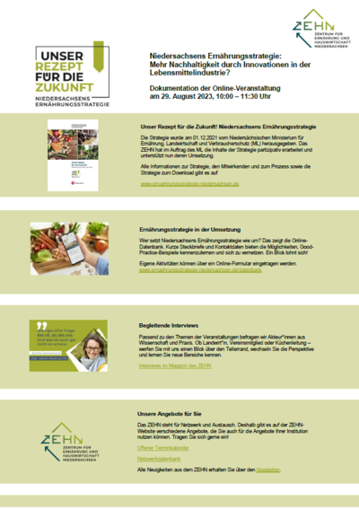 Deckblatt Veranstaltungsdokumentation - Mehr Nachhaltigkeit durch Innovationen in der Lebensmittelindustrie? 29. August 2023